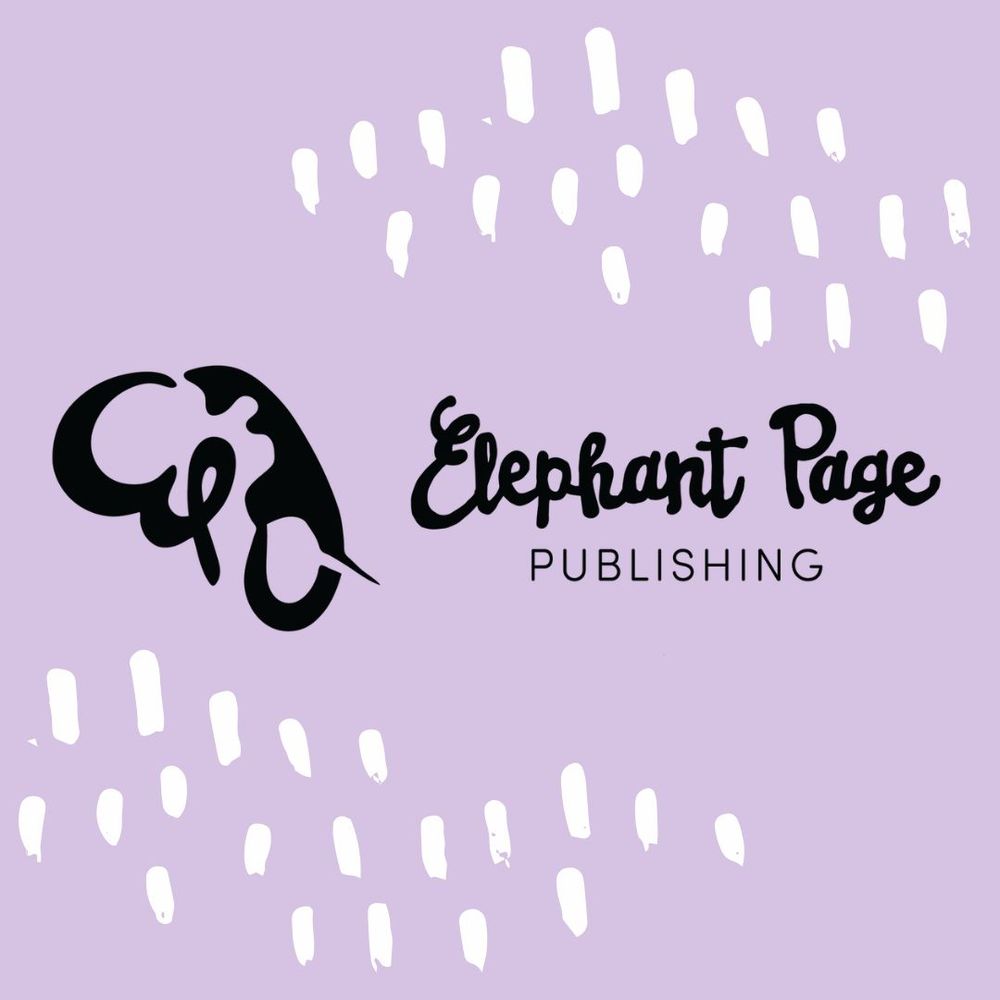 The image has a lavender background decorated by white splotches like paint strokes. In the centre, there is a black logo of a stylised elephant head that resembles a capital 'E'. Next to it is text saying: Elephant Page Publishing.