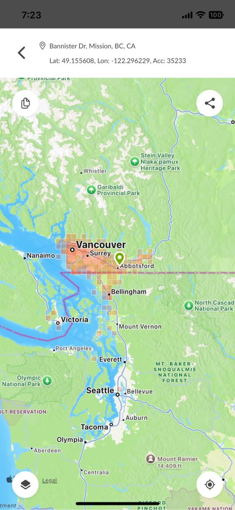 A map showing distribution of the Common Eastern Bumblebee on the West Coast of Canada and Washington State
