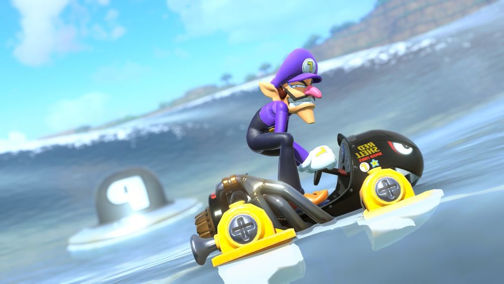 Waluigi looks cunningly at the camera in his bullet bill cart floating above the water. 