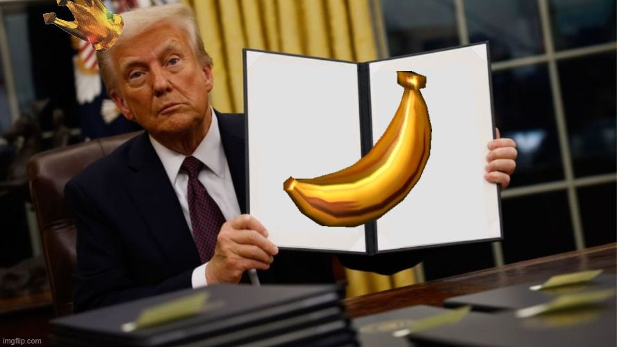 God tier photoshop of Trump as King K Rool holding up an executive order showing a Banana because he's trying to steal all of our Bananas 