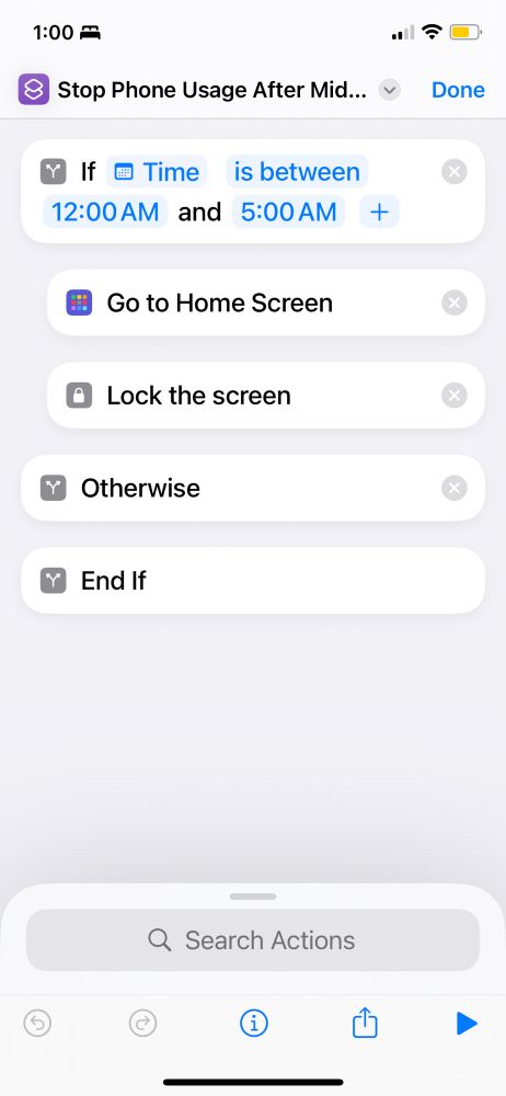 Screenshot of an iOS shortcut called “Stop phone usage after midnight.” If the current time is between 12am and 5am, go to the Home Screen, then lock the screen.