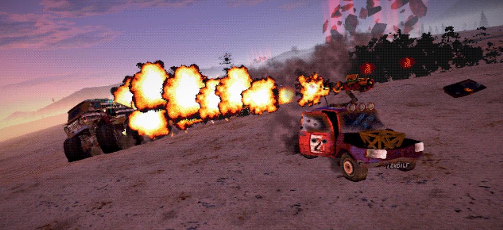 Game: FUMES

A flamethrower mounted upon a small truck is spewing flames at a monster truck lagging behind in mountainous dunes.
