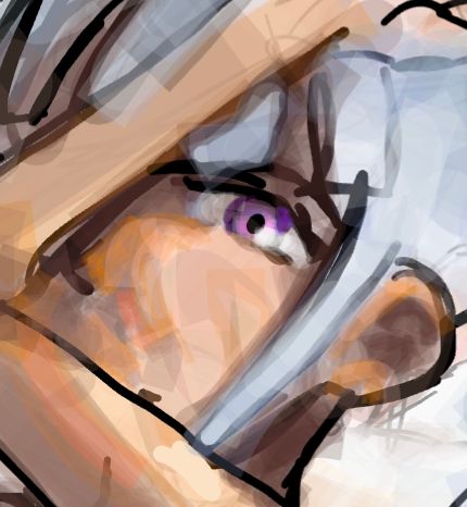 a square crop of a doodle of my character grey. she is holding an (erroneously undersized) arm to cover her face, and her purple eye pierces the viewer.