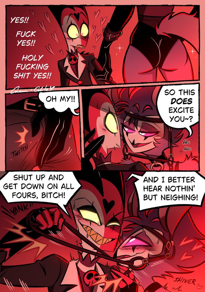 Blitz is drooling as he looks at Stolas and thinks, 'Yes!! Fuck yes!! Holy fucking shit yes!!'

"Oh my!!" Stolas coos as he strokes a hand over the front of the noticeable bulge in Blitz's pants. "So this DOES excite you~!" He giggles 'Hoo Hoo' as he teases Blitz.

Blitz is sweating as Stolas calls him out. But then he snaps out of it and his expression shifts into a horny dom daddy look. He pulls on the reigns as he barks out, "Shut up and get down on all fours, bitch! And I better hear nothin' but neighing!" Stolas shivers and has a matching MAX horny expression. They are made for each other.