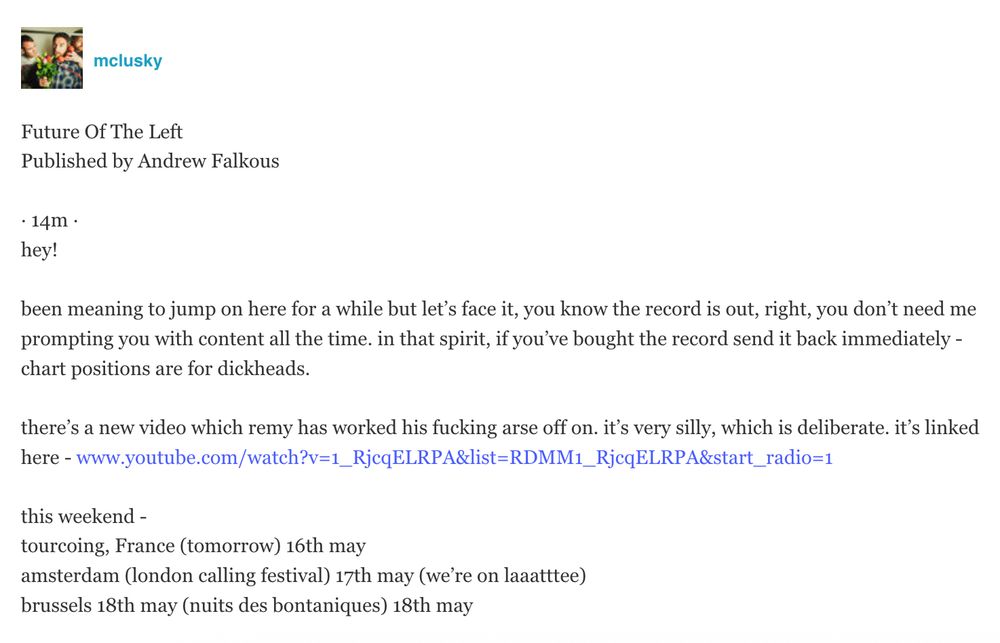 A humorous email from a band announcing tour dates that I read with my eyes