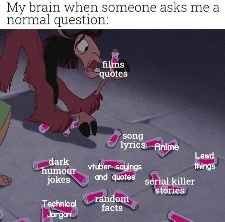 My brain when someone asks me a normal question:

Film quotes, song lyrics, anime, lewd things, dark humor, vtuber sayings and quotes, serial killer stories, technical jargon and random facts 