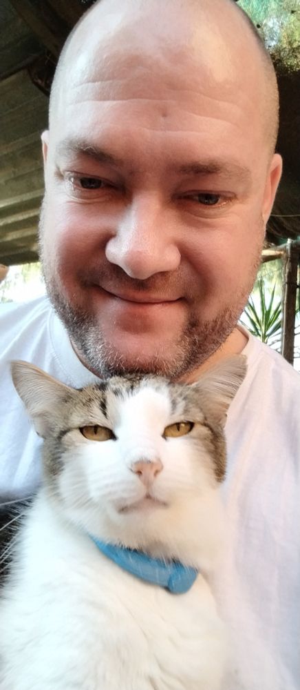White cat with black and grey stripe head marks, sitting on the owner's lap, posting for a selfie looking at the camera with his owner. Blue collar and yellow eyes and light pink nose.