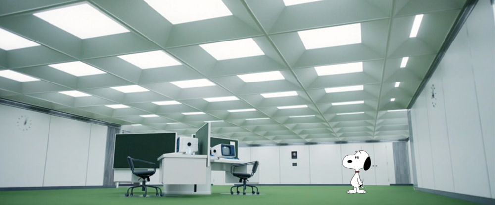 a picture of the empty mdr office from the show "severance" with snoopy the dog added to it