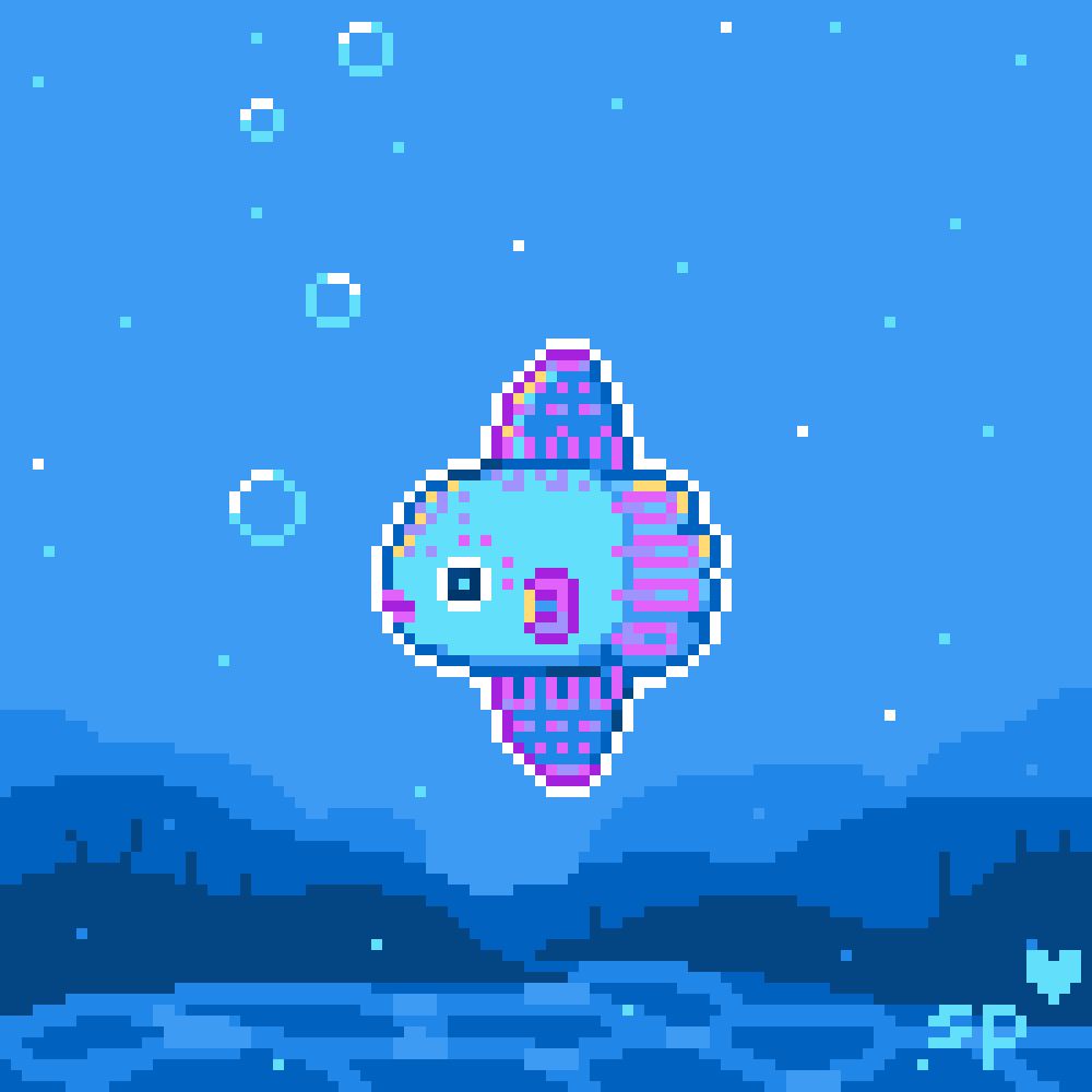 pixelart mola fish character with purple tattoos by Mola_backgirl