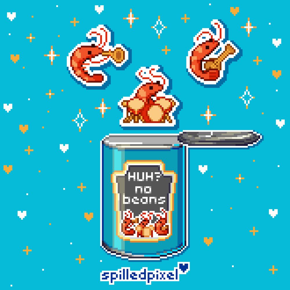 pixelart can in heinz style beans with three shrimp in top playing instruments