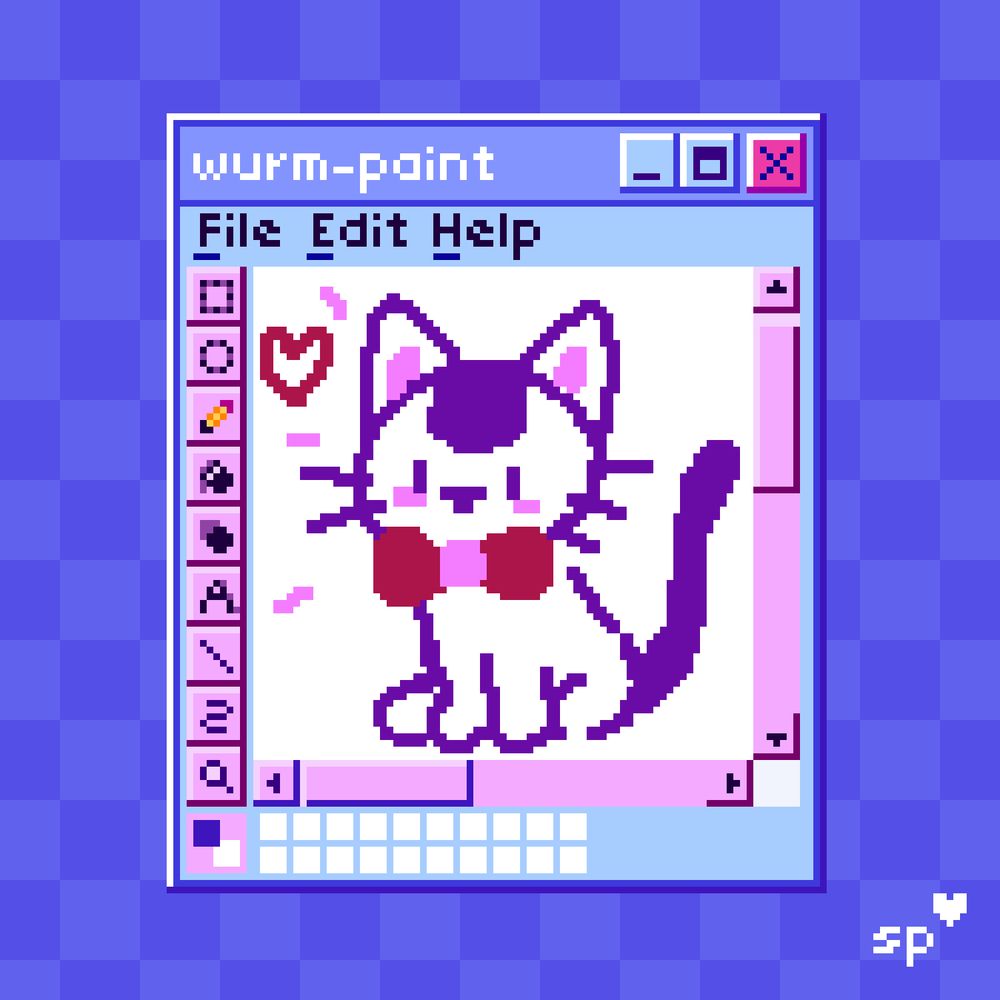 pixelart cat doodle with a red bow on a ms paint inspired background