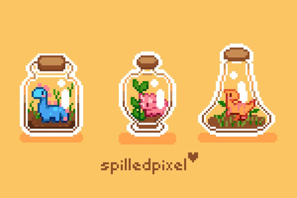 pixelart dinos in terrarium bottles 