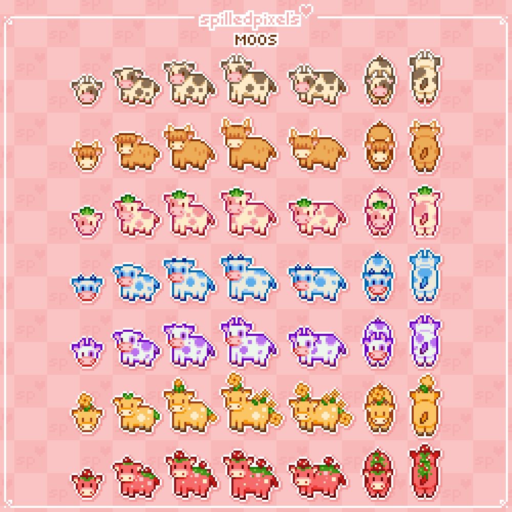 varity of pixelart cows with diffrent themes from top to bottom- sark spott, highland, strawberry, blueberry, blackberry, yellow flower, red mushroom