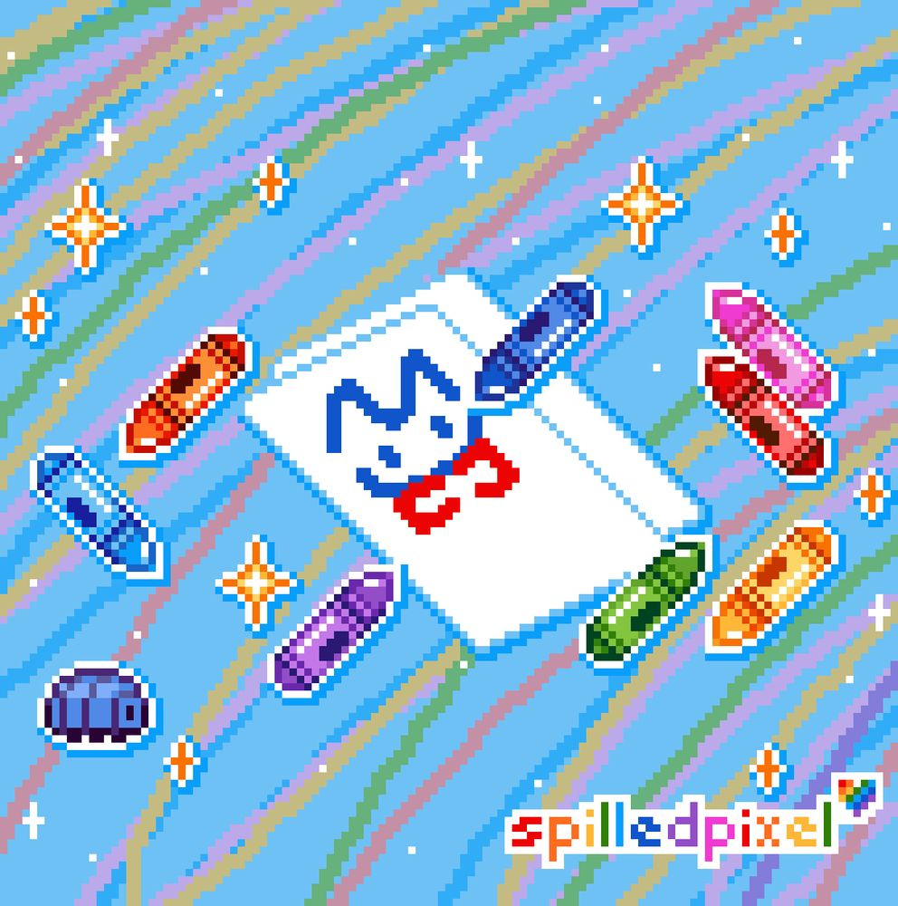Pixelart piece of paper with a doodled cat on it surrunded by colourful crayons