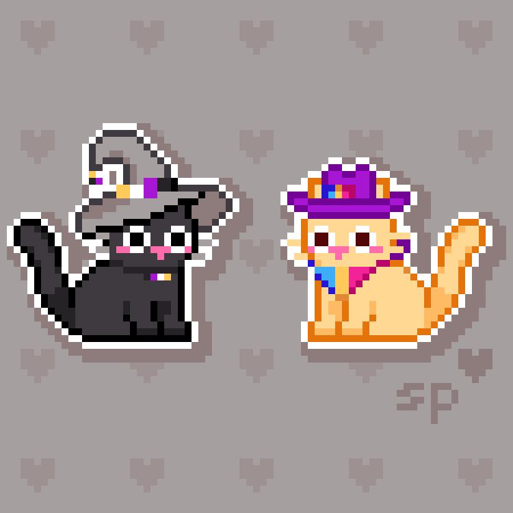 pixelart cats, on the left a black cat with witchhat with nonbinary colours, on the right a orange one with a pan pride cowboyhat 