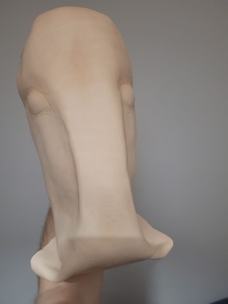 The early stages of a horses head shaped out of a single sheet of leather, the eyes and nose are starting to form but fine details have not been added