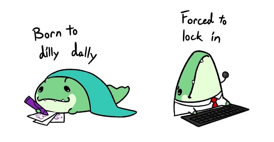 Crocodile drawing with a purple crayon under a green blanket with a caption saying Born to dilly dally
Crocodile with a shirt and tie with a headset typing on a keyboard with a caption saying forced to lock in