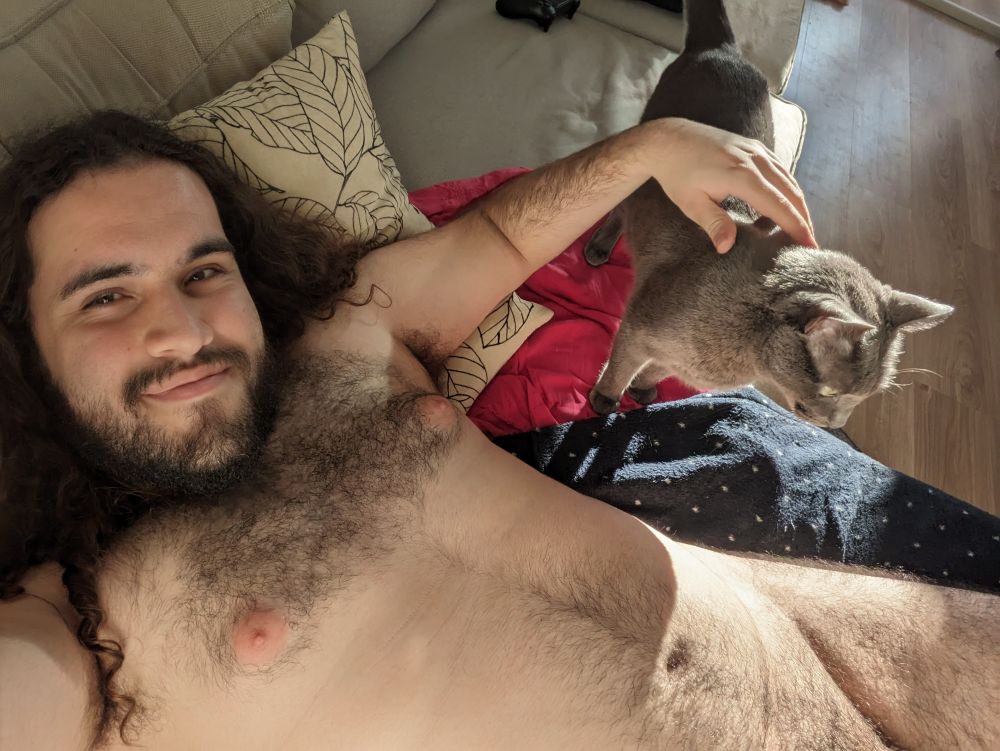 A selfie of me, lying naked on the sofa in the living room, smiling with a relaxed expression while petting Ryu (a gray cat) on the back, who is also on the sofa, standing, looking for cuddles. The whole scene is bathed in the warm light of the setting sun, which filters through the windows. 