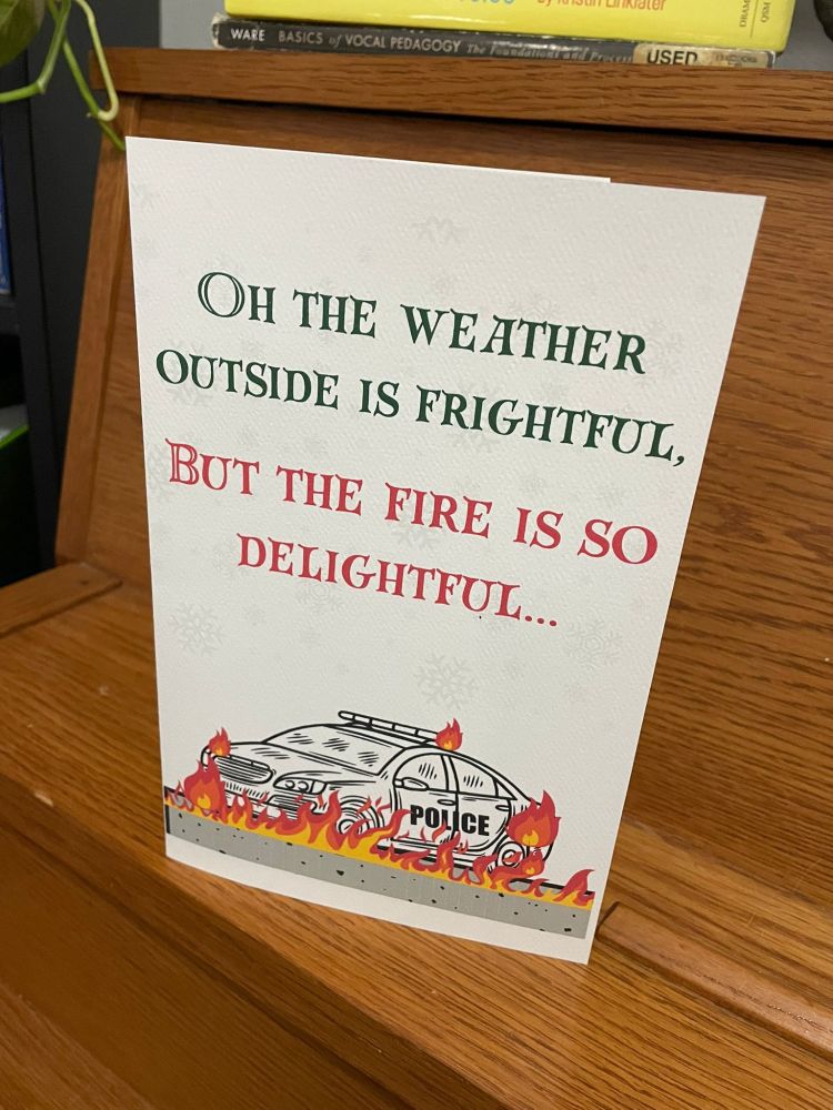 greeting card w a flaming cop car