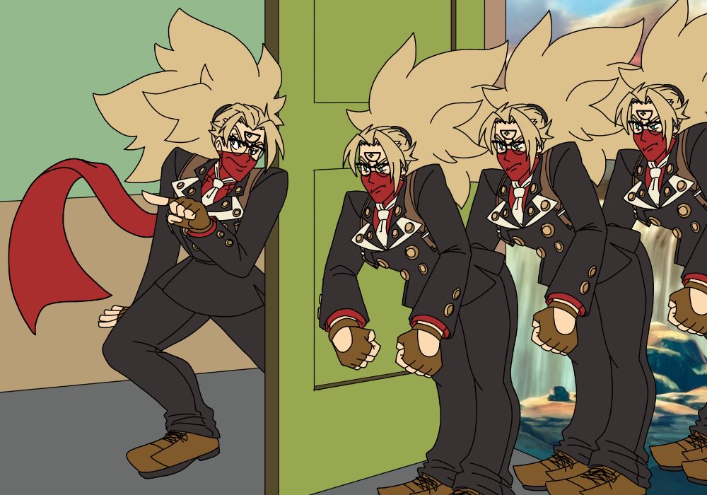 answer from guilty gear standing next to an open door with his three shadow clones standing in the doorway hunched over looking angry while answer points into the house directing them to go fight someone inside. this is a redraw of the 'tom and jerry hired goons' meme. outside the door is the japan crater stage from xrd