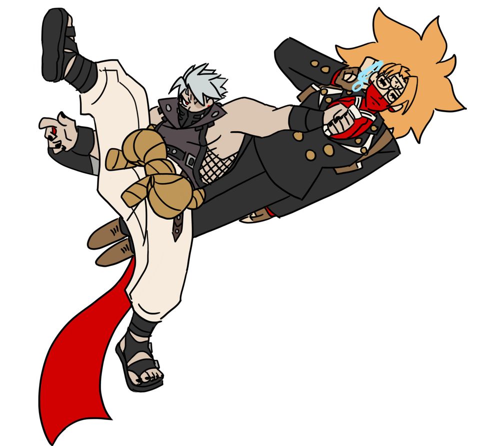 chipp zanuff from guilty gear strive doing the sol jD pose but instead of a sword he’s holding his secretary answer by his tie. answer is still on his phone