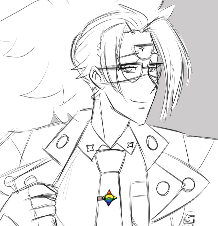 answer from guilty gear shyly pulling his suit jacket to the side to reveal a gay pride flag shuriken tie clip