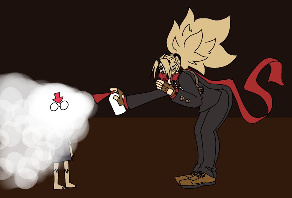 redraw of a scene from deltarune in which tenna sprays spamton with a spray bottle, but it's answer in the place of tenna and bedman in the place of spamton. bedman's glasses and down arrow on his head are visible through the spray.