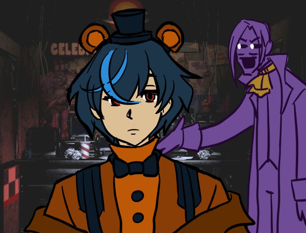 unika from guilty gear strive dual rulers dressed like freddy fazbear with nerville hammer as purple guy (nervilliam afton) background is the fnaf 1 office