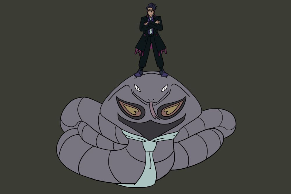 corbeau from pokemon legends z-a with his arms crossed standing on top of a giant arbok with a tie. the art is a reference to Answer's instant kill from guilty gear xrd