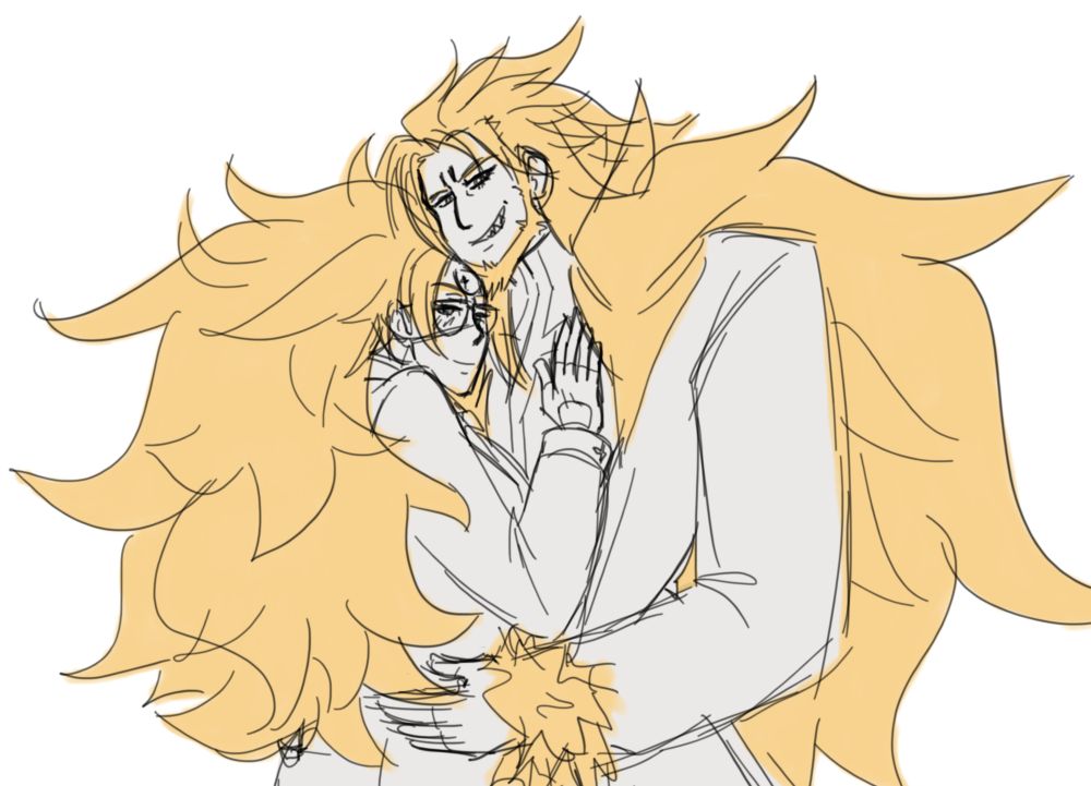 sketch of leo whitefang and answer from guilty gear xrd embracing while looking toward the viewer. answer has his long hair down not in a ponytail and his body is facing away from the viewer with his head on leo's shoulder and his hand on his chest. leo is smirking while holding answer by the waist. only both of their fluffy blonde hair (and leo's jacket fur) are colored in.