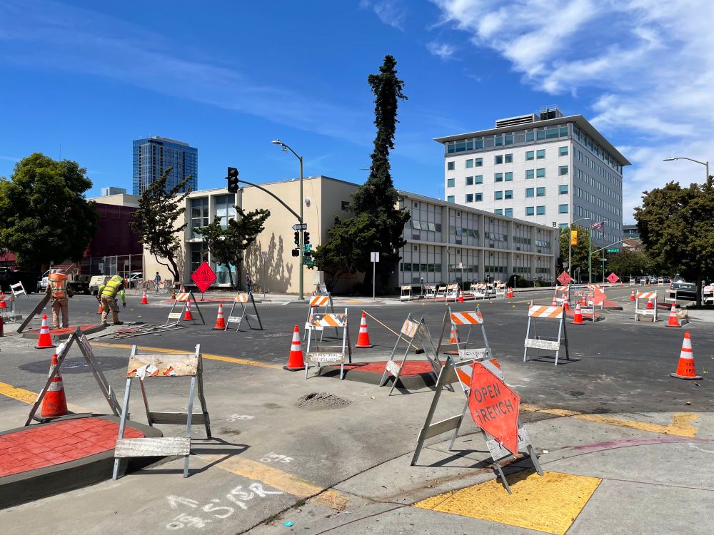 photo of protected intersection construction at 10th/Jackson in Oakland