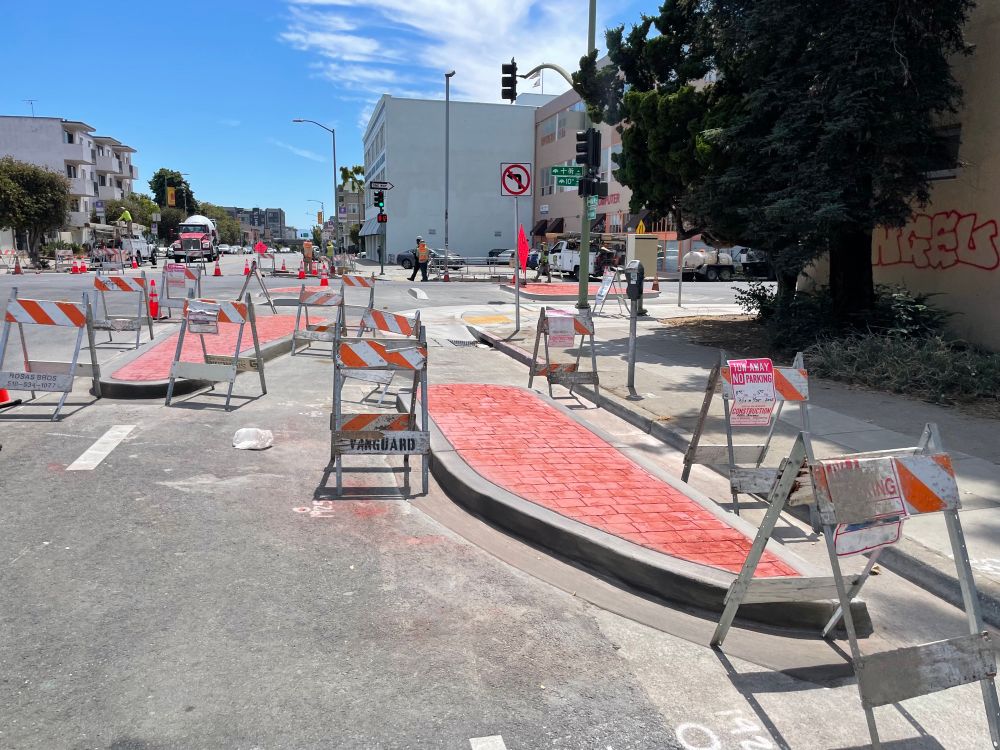 photo of protected intersection construction at 10th/Jackson in Oakland
