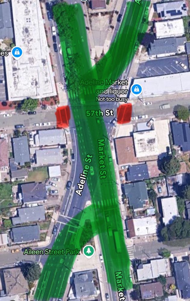 Satellite image of Market/Adeline intersection in Oakland showing Adeline in each direction curving into Market to create two T intersections.