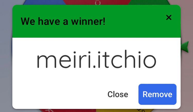 screenshot from an online name picker, of a text box saying the winner randomly selected was user meiriitchio