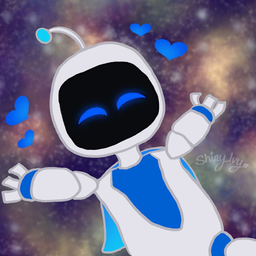 digital drawing of Astro from the game ASTROBOT leaping in the air with arms out, blue hearts around his head, and smiling eyes. the background is galaxies and stars in space