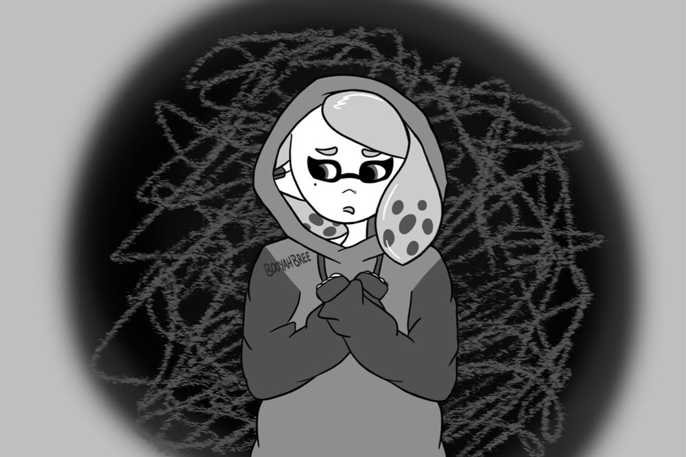 A black and white drawing of an inkling OC, Grace. She has pale skin, cat eyed shaped eye markings, a beauty mark below her right eye, a stud nose piercing on her left nostril, and shoulder length hair. She is wearing an oversized hoodie with the hood up. She is clutching her hands to her chest and looking to her right with a worried expression. Behind her is a black glow surrounding her and scratchy chaotic scribbles within it, representing an anxiety attack and inner turmoil.