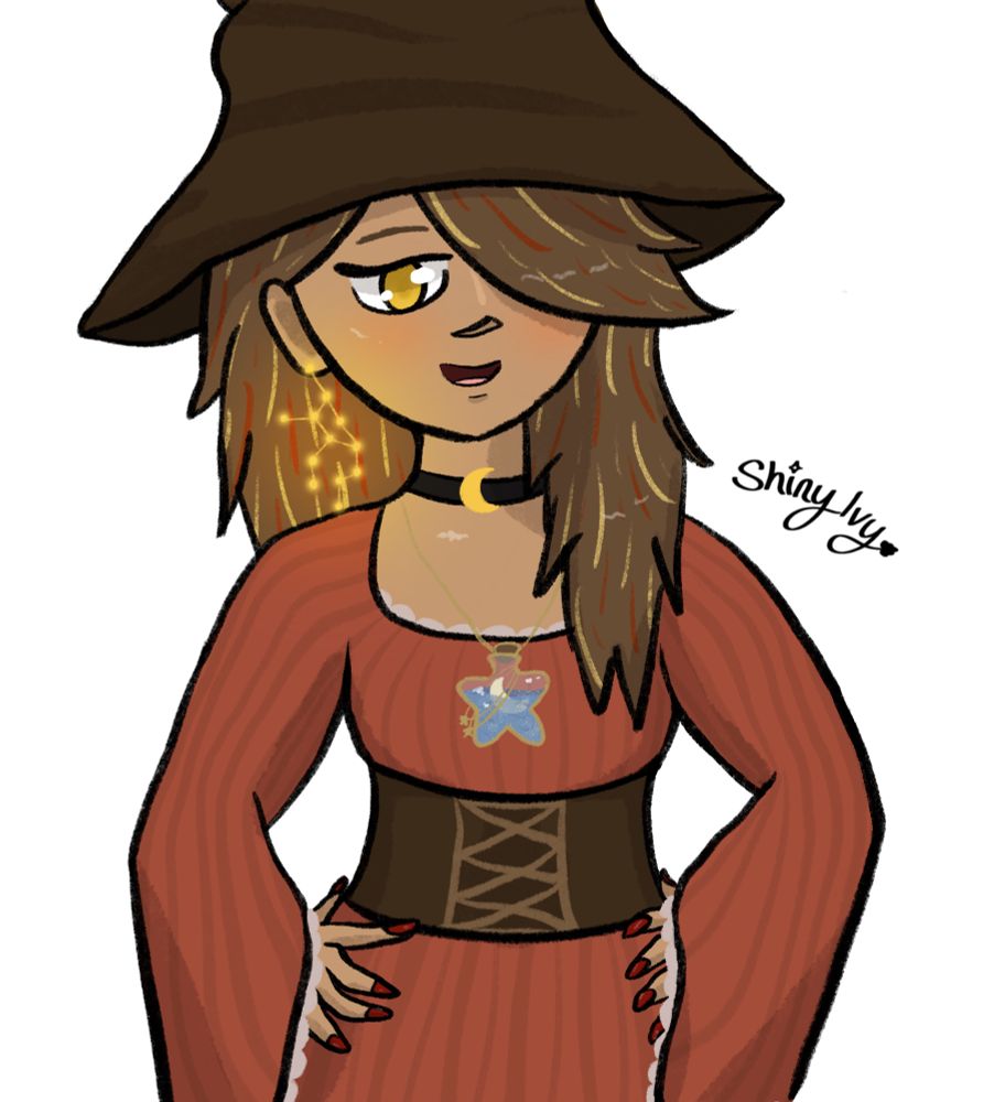 A digital drawing of my witch oc with her hands on her hips. She wears a brown witch hat, has light brown skin and golden eyes, and brown hair with multicolored red and blonde highlights. her side bangs completely cover her left eye. She wears a rust color sweater dress with long bell sleeves and a brown corset belt. She has a choker with a crescent moon on it, a potion in a star bottle hanging from a gold chain around her neck, and a magically glowing virgo constellation earring
