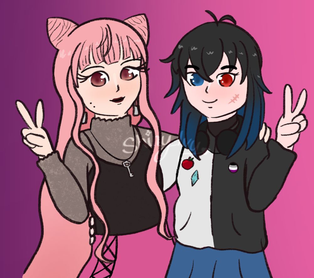 digital drawing of Blizzara and Meiri’s sonas posing together with an arm around each other and holding up peace signs