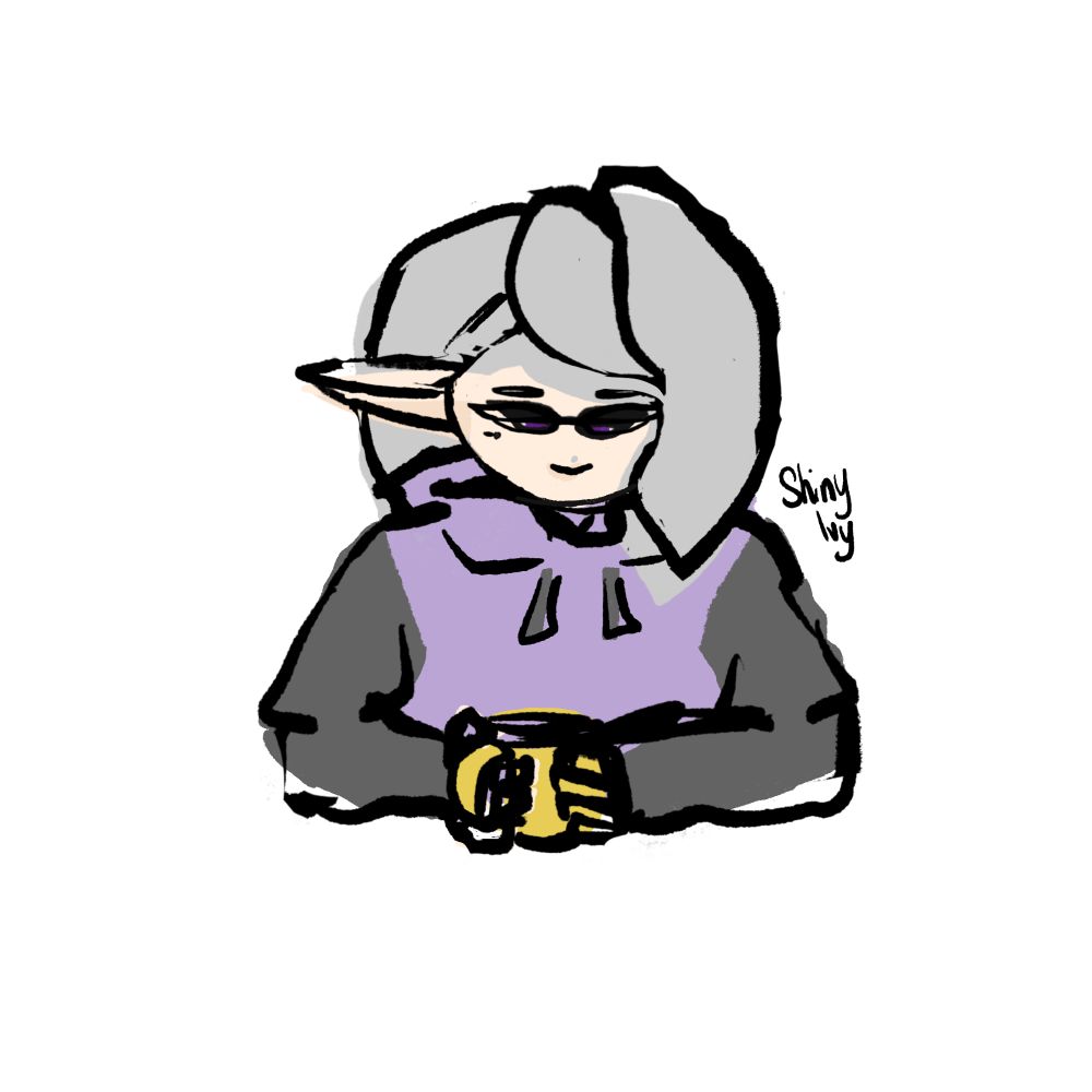 A very messy sketch of Grace holding a coffee mug with both hands on an invisible surface in front of her. She is looking down at the mug. Her eyelids are very heavy and her eyes barely open. She is tired and downcast.