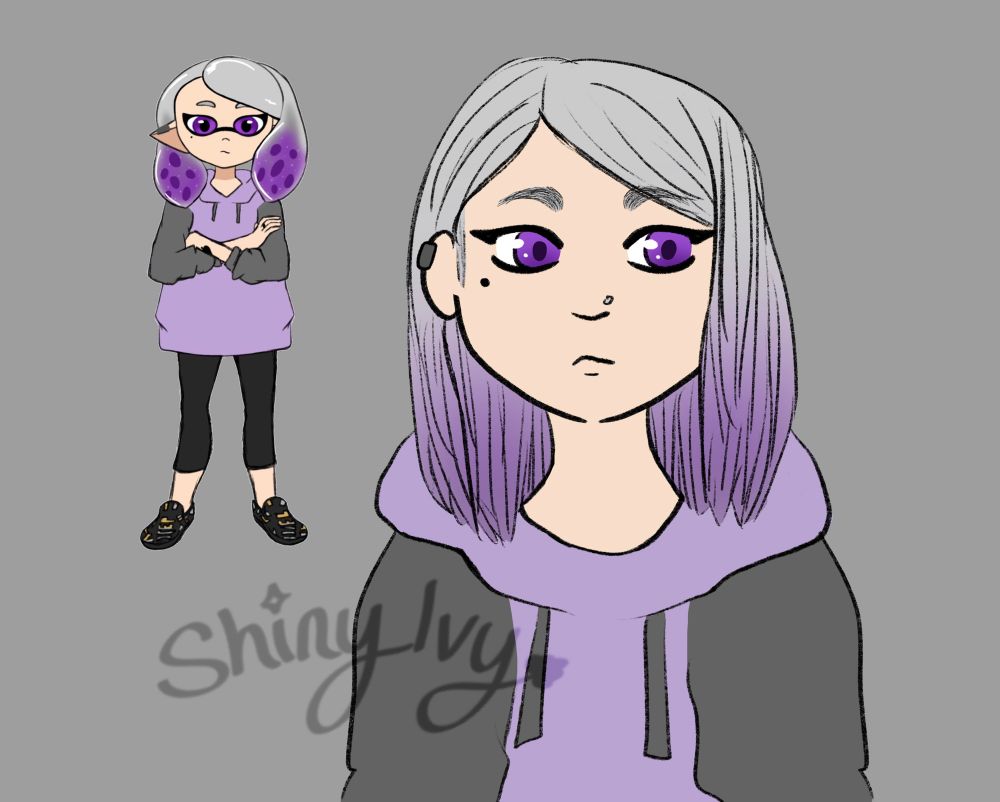 A digital drawing of my OC Grace. It shows her original inkling design, and a new drawing of her as a human. She wears the same oversized gray and lilac hoodie, heavy winged eyeliner, and her gray hair has a purple ombré on the bottom.