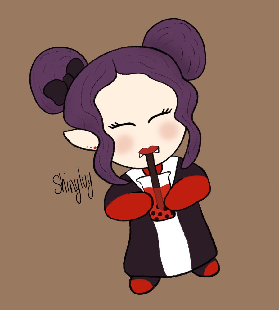 lined chibi of iris drinking a red boba tea
