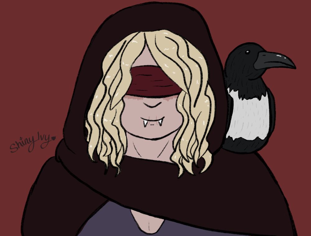 digital drawing of Cassa’s undead oc Misha and his guide bird, the magpie Thistle