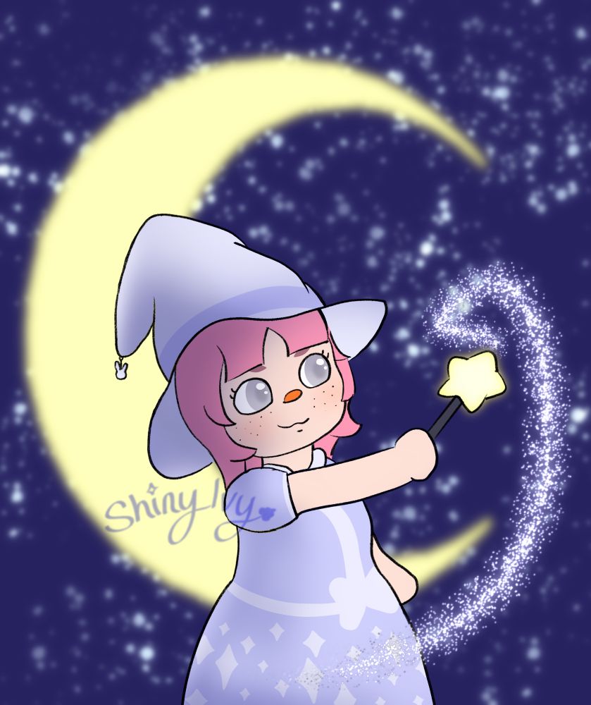 digital drawing of moonbunny-art’s acnh witch character Luna casting magic with her Kiki & Lala wand. Behind her is a large crescent moon and a starry sky 