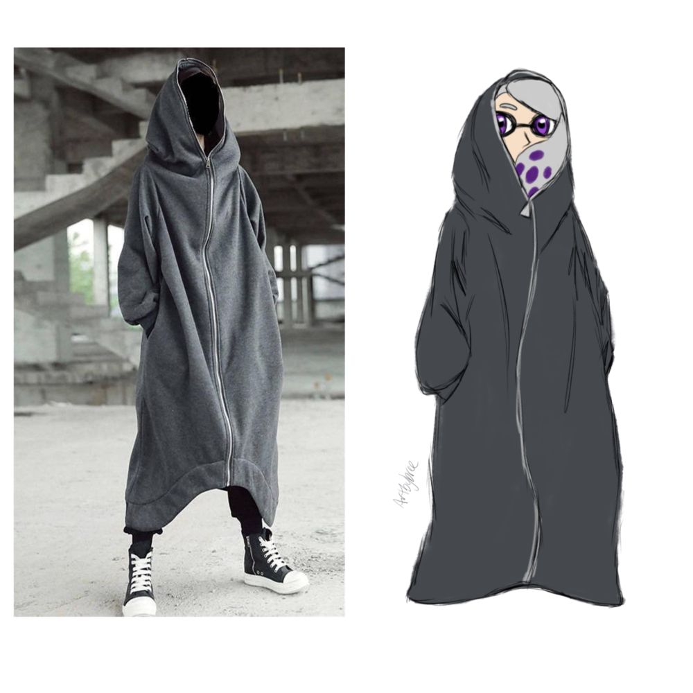 A side by side of a photo reference and drawing. On the left is a photo of a person wearing an extremely long zip up sweatshirt that goes down to their ankles and the zipper extends all the way to the top of the hood that they wear. They have the zipper zipped up just below their chin. Their face is blacked out. They are standing with their legs in a wide stance and both hands in their pockets. 

On the right is a drawing of the inkling OC Grace wearing that same hoodie and pose. She is very short so the hoodie piles on the floor, hiding her feet. Her hair tentacle is pushed in front of her face by the zipper, covering her mouth. She is looking toward the camera. 