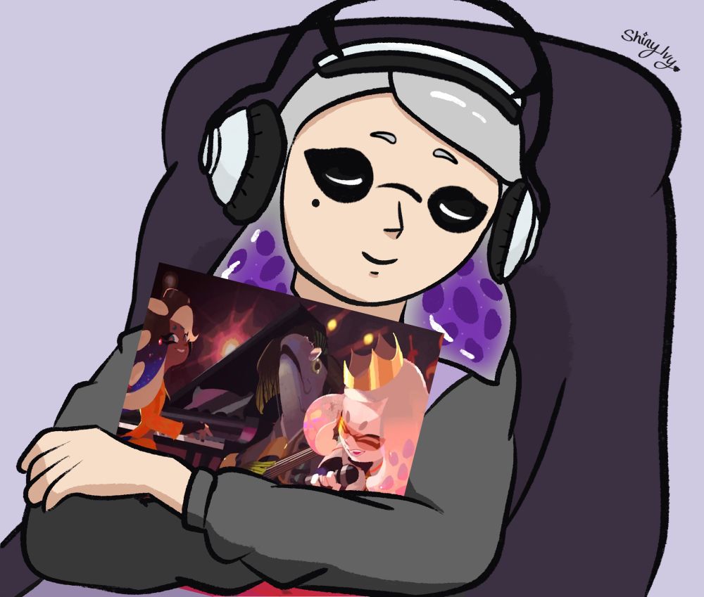 A colored drawing of Grace as the meme of Chandler Bing from Friends where he is asleep in a recliner with headphones on, hugging a music record sleeve. In this drawing Grace is hugging the official art of the Splatoon artists Damp Socks Ft. Off The Hook. 