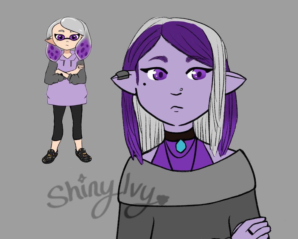 Digital drawing showing my OC, Grace, with her old design as an inkling bc a new drawing of her as a Majiri, a race of people in Palia. She has purple skin, pointed ears, purple eyes, a beauty mark and a nose piercing. Her shoulder length hair is two-toned- a deep purple in the front bed a light gray in the back. She wears a black ring on her right middle finger, two loose necklaces, and a black choker that her Starstone- aquamarine- dangles from.