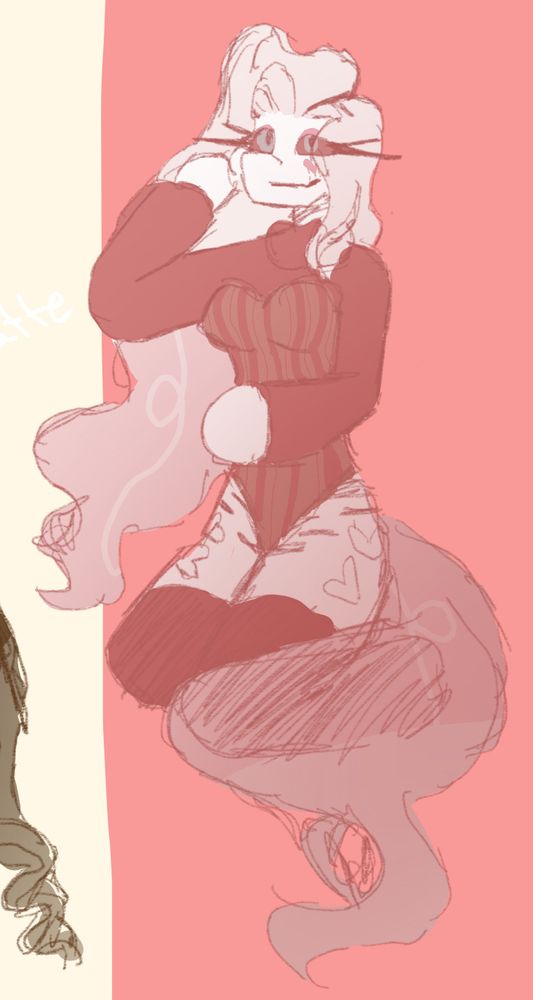 A white mochi raptor with long pink feathers wearing pink sock and bodysuit with long sleeve 