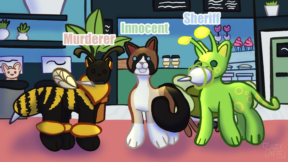 Total of four cats in a café setting. There is a Sphynx cat hiding in a trash can, a bee themed cat, A snowshoe cat and an alien themed cat.