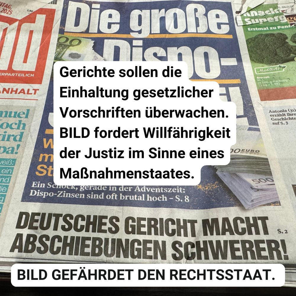 Titelseite der BILD-Zeitung mit der Headline "Deutsches Gericht macht Abschiebungen schwerer!". Darübergelegt der Text:

Gerichte sollen die Einhaltung gesetzlicher Vorschriften überwachen. BILD fordert Willfährigkeit der Justiz im Sinne eines Maßnahmenstaates.

BILD gefährdet den Rechtsstaat. 