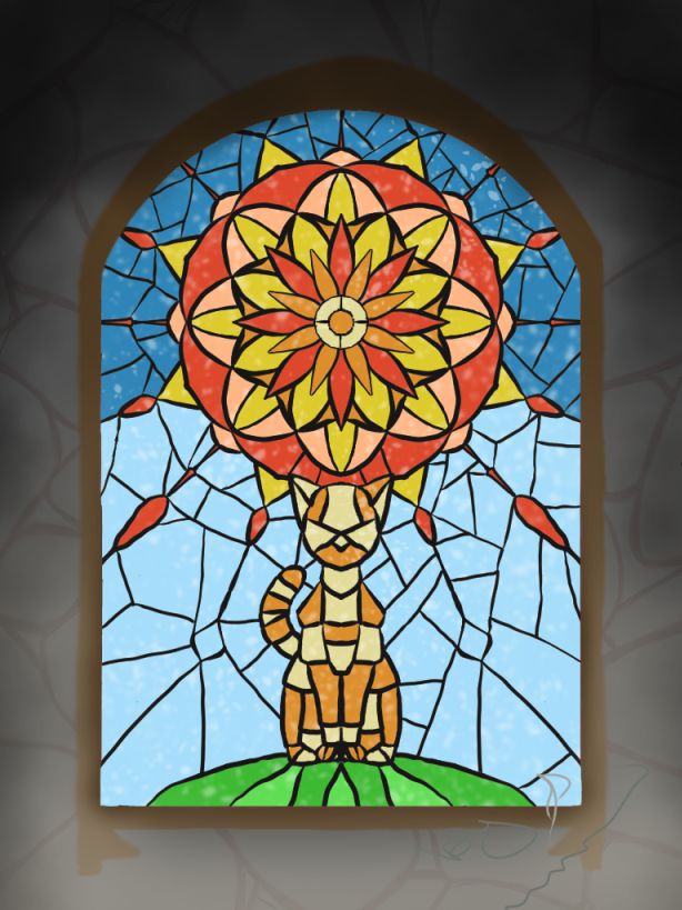 Digital painting of a stained glass window with a flower and a cat motif.